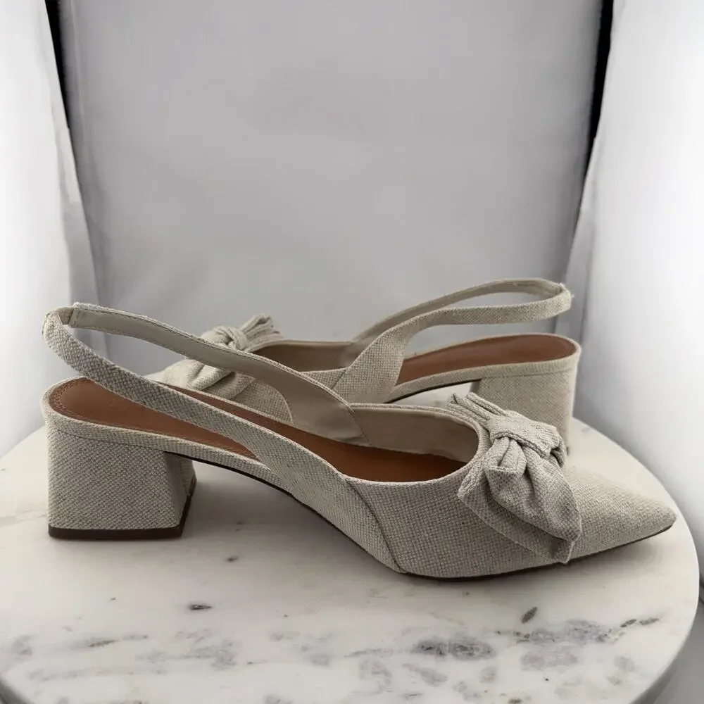 ASOS Suzy‎ Bow Slingback Heels EU40 US9 Beige Fabric Pointed Toe Block Heel
